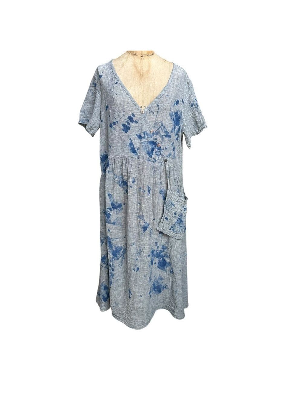 Luukaa Blue Tie Dye Linen Dress US Size 12 Oversized Comfy Lagenlook Artist EUC